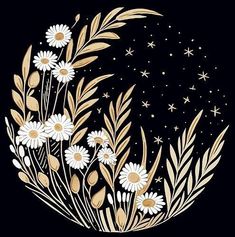 a black background with white flowers and stars in the night sky on top of it