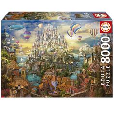 a puzzle box with an image of a castle and hot air balloons