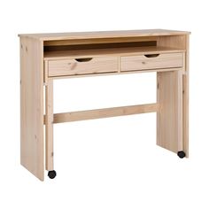 a wooden desk with two drawers and wheels on the bottom shelf, against a white background