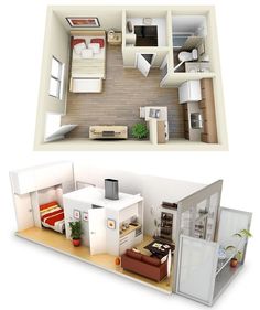 two views of a one bedroom apartment from above