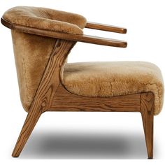 an upholstered chair with a wooden arm rest