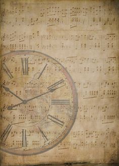 an old clock with music notes on the back ground and in front of it is a grungy background