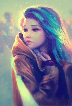 a digital painting of a girl with blue hair wearing a brown jacket and scarf over her shoulders