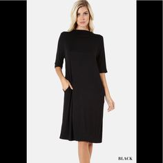 Zenana Premium Mock Neck Dress With Pockets - M Description Premium Rayon Elbow Sleeve Mock Neck Dress With Side Pockets Style No: Rs-1236p Fabric: 93% Rayon 7% Spandex Super Soft Fabric Plain Shift Midi Dress, Plain Shift Dress, Midi Length, Plain Shift Midi Length Dress, Plain Dress For Daywear In Fall, Black Shift Midi Dress For Fall, Modest Black A-line Dress, Black Modest Midi Dress, Black Plain Midi Length Dress, Black Knee-length Plain Dress