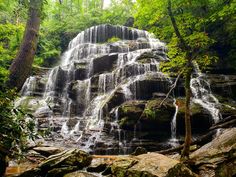 a large waterfall in the middle of a forest