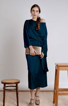 Bastet Noir Women's Dress CUSTOM / Teal Silk Satin Draped Midi Dress-Colors Available Dress With Kimono, Bianca Dress, Bianca Jagger, Draped Midi Dresses, Bespoke Fashion, Custom Made Clothing, Loose Fitting Dresses, Kimono Sleeve, Clothing Labels