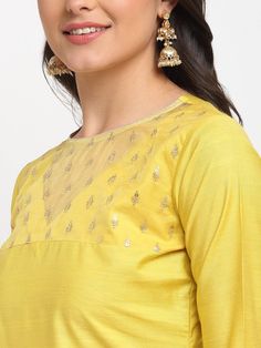 Yellow  Straight Kurti Pants Suit Set with Dupatta - www.riafashions.com Traditional Festive Set With 3/4 Sleeves, Festive 3/4 Sleeve Sets, Festive Sets With Resham Embroidery And 3/4 Sleeve, Festive Fitted Sets With 3/4 Sleeve, Resham Embroidery Kurta With 3/4 Sleeve, Navratri Long Sleeve Palazzo Set With Self Design, Navratri Self-design Long Sleeve Palazzo Set, Elegant Festive Set With 3/4 Sleeve, Elegant Festive Sets With 3/4 Sleeve