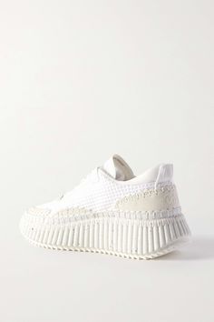 White Nama embroidered suede and recycled mesh sneakers | CHLOÉ | NET-A-PORTER White Sole Sneakers With Embroidered Logo, Mesh Sneakers With Perforations, Low-top Textile Sneakers With Embroidered Logo, White Chunky Sneakers, Denim Flats, Chloe Shoes, White Sneakers Women, Mesh Sneakers, Walking Sneakers