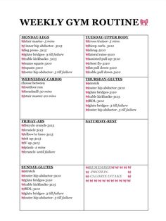 the weekly gym routine is shown in this printable form, with instructions for each workout