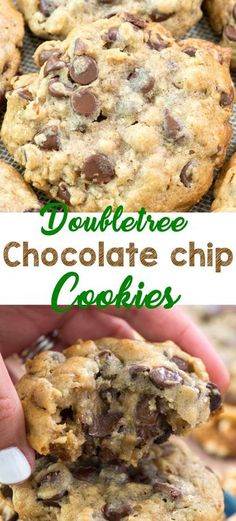 chocolate chip cookies are stacked on top of each other with the words doubletree chocolate chip cookies