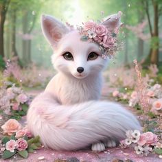 a white fox with flowers on its head sits in the middle of a pink forest