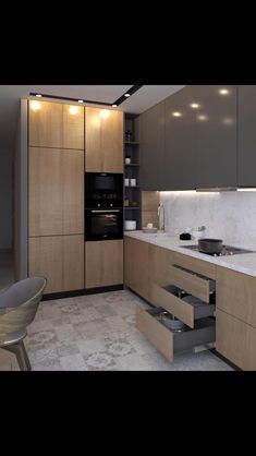 an image of a modern kitchen setting with white counter tops and wooden cabinets in the background