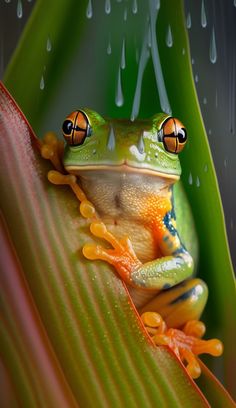 a frog sitting on top of a green leaf next to drops of water from the rain