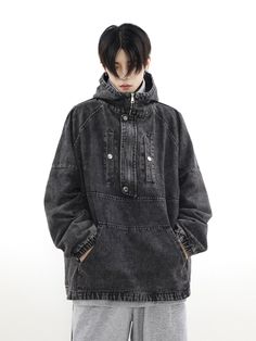 Unleash your bold and edgy side with our Zip-Front Denim Oversize Hoodie! The unique combination of a zip-front design with a denim fabric creates a stylish and comfortable statement piece. Perfect for those looking to make a statement while staying cozy and on-trend.  ■size(cm)  Length  Chest  Sleeve Length  M  72  132  46  L  74  136  47  XL  76  140  48     ■ model   173cm 55kg L  ■ material    cowboy Oversized Alternative Cotton Outerwear, Urban Oversized Hooded Denim Jacket, Oversized Urban Hooded Denim Jacket, Oversized Urban Denim Hooded Jacket, Oversized Hooded Denim Jacket In Urban Style, Streetwear Denim Washed Hoodie, Denim Washed Hoodie For Streetwear, Urban Style Washed Black Denim Jacket For Streetwear, Denim Hoodie With Pockets For Streetwear