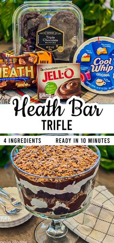 the health bar trifle recipe is displayed in front of an assortment of desserts