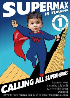 a poster for a superhero birthday party with a little boy in a superman suit and red cape