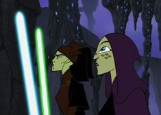 two animated characters with lightsabes in their hands