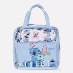 a small blue bag with cartoon characters on the front and bottom, in clear plastic