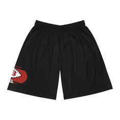 a black shorts with red and white logos on the side, in front of a white background