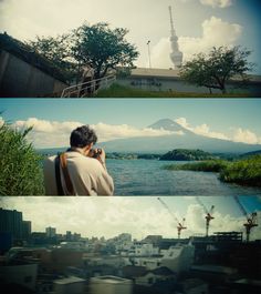 three different views of the same city and mountains in one photo, two people are taking pictures with their cell phones