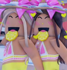 three women in bikinis with lemon slices on their heads and bows around their necks