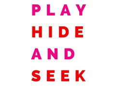 the words play hide and seek are in red on a white background with pink letters