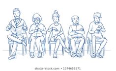 six people sitting in a row with their backs to each other and one man reading