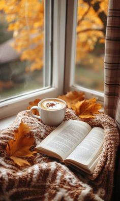 an open book, cup of coffee and maple leaves on a blanket in front of a window