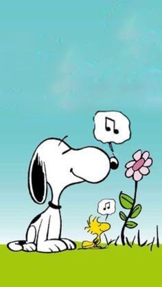 a cartoon dog is smelling a flower with a thought bubble above his head that says, i love you