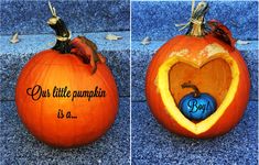 two pumpkins with words carved into them