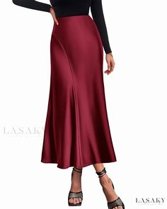 Lasaky - Elegant Silky Pleated High-Waisted Mermaid Party Midi Skirt Shoes With Outfits, Long Satin Skirt, Long Silk Skirt, Korean Fashion Skirt, Midi Skirts Summer, Satin Skirts, Long Flowy Skirt, Sew Ideas, Denim Skirt Outfits