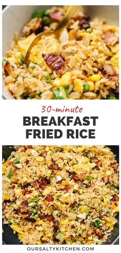 three different pictures with the words 30 minute breakfast fried rice in it and on top