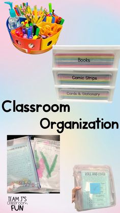 the classroom organization book is open and has many different items in it, including pencils