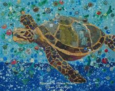 a painting of a turtle swimming in the ocean with bubbles on it's back