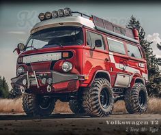 an old red truck parked on the side of a road in front of some trees