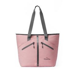 a pink tote bag with zippers on the front and side, in grey trim