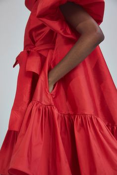 Taffeta rolled collar trapeze dress with puff sleeve and gather hem. Shown in Red. Also available in Marigold, Cobalt Blue and Frost Green. Taffeta Dresses With Gathered Sleeves, Amsale Dress, Peplum Gown, Puffy Dresses, Cobalt Blue Dress, Rolled Collar, Chiffon Midi Dress, Lace Peplum, Trapeze Dress