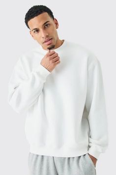 Oversized Extended Neck Sweatshirt | boohooMAN USA Basic Solid Color Crew Sweater, Fleece Hoodie With Crew Neck, Crew Neck Sportswear Hoodie, White Athleisure Sweatshirt With Ribbed Collar, Solid Color Crew Neck Hoodie For Sportswear, Solid Color Crew Neck Hoodie Sportswear, Solid Color Crew Neck Sportswear Hoodie, Sporty White Sweater With Ribbed Collar, Basic Solid Sweater With Ribbed Cuffs