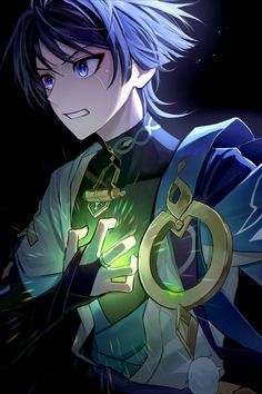 an anime character with blue hair wearing a green cape and holding a gold ring in his hand