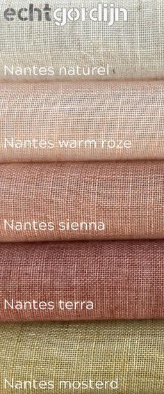 four different colors of linens with names on the front and bottom, all in various sizes