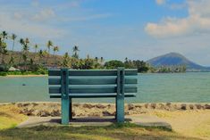 a green bench sitting on top of a lush green field next to the ocean and palm trees