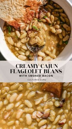 creamy cajun flagpole beans with smothered bacon is an easy and delicious side dish