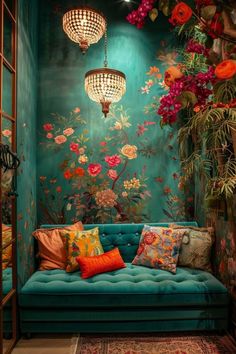 Artistic Home Interior, Portugal Interior Design, Teal Velvet Sofa, Maximalist Interior Design, Sitting Nook, Blue Couch, Maximalist Interior, Casa Vintage, Maximalist Decor