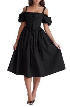 HOUSE OF CB Silvana Embroidered Cold Shoulder Corset Fit & Flare Dress | Nordstrom Off Shoulder Puff Sleeve, Shoulder Puff Sleeve, Puff Sleeve Midi Dress, Off Shoulder Dresses, Dreamy Dress, Puff Sleeve Dresses, House Of Cb, Sleeve Midi Dress, Slim Dresses