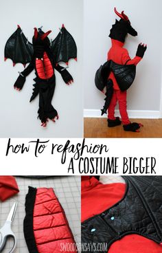 a collage of photos showing how to make a costume for a child's dragon