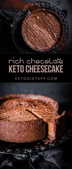 chocolate keto cheesecake on a black plate with the words rich chocolate keto cheesecake