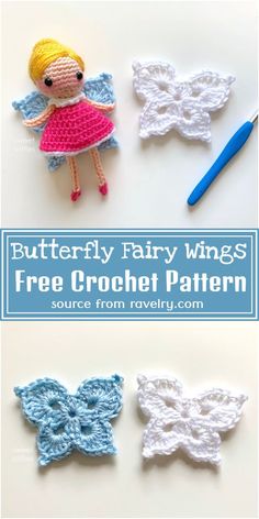 three crocheted fairy wings are shown with the text, free crochet pattern