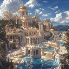 an artist's rendering of a palace on top of a mountain with a waterfall