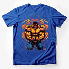 a blue t - shirt with an image of a muscular man