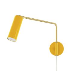 a yellow table lamp with a white base and a round light fixture on the side